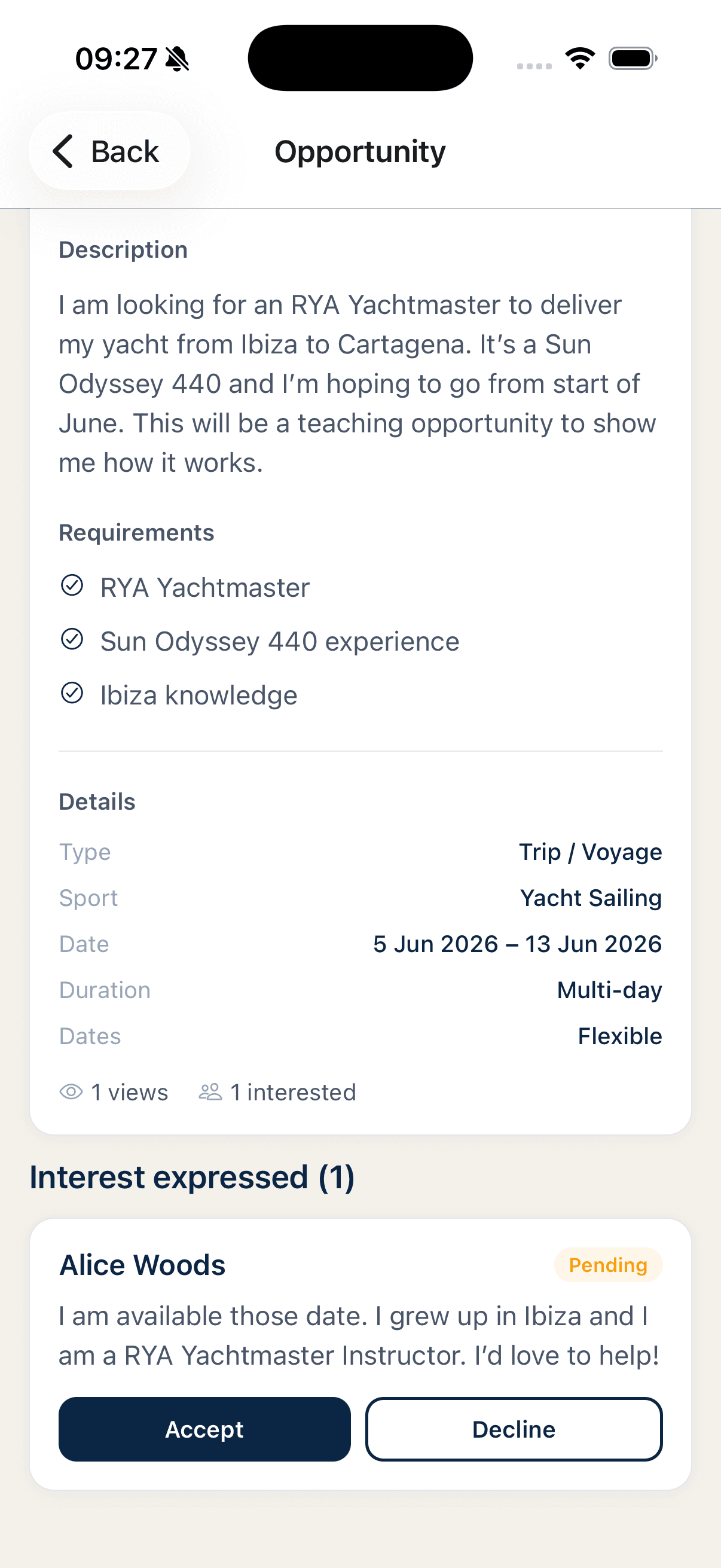 Accrewal app showing a voyage opportunity detail