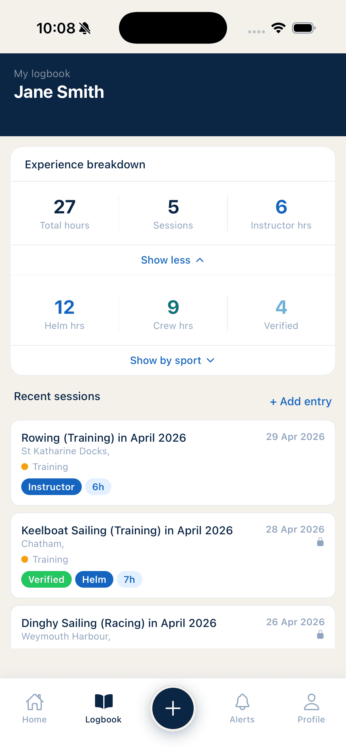 Accrewal app showing a sailing logbook with verified sessions