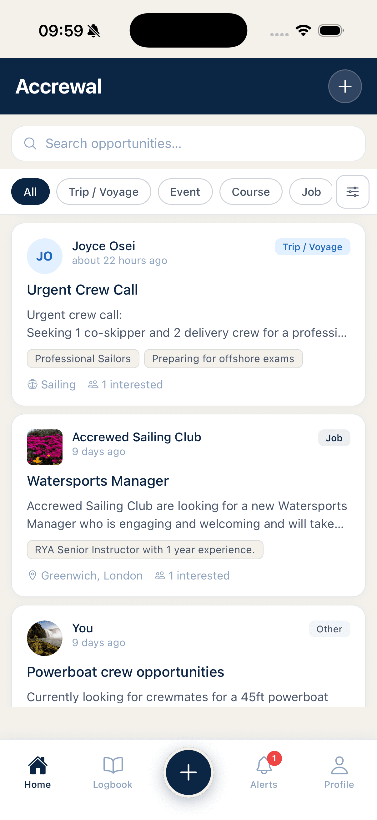 Accrewal app showing voyage and crew opportunities