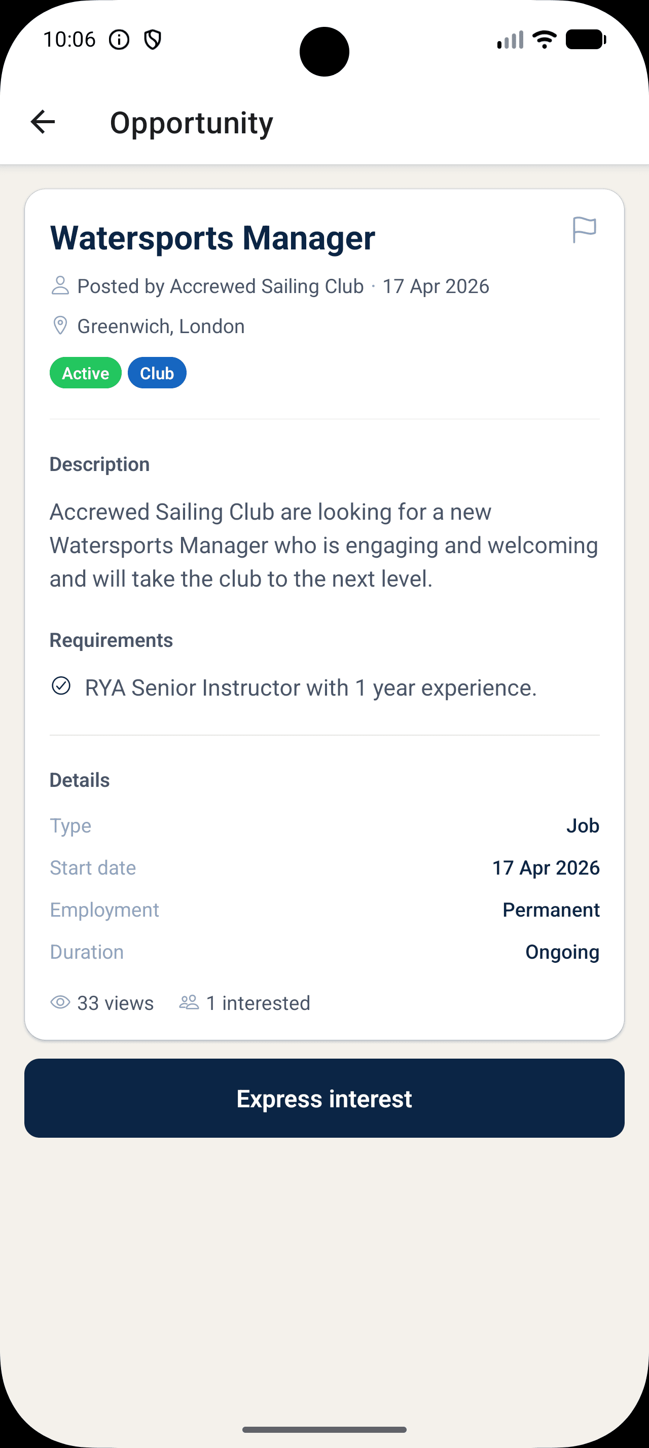 Accrewal app showing a voyage opportunity detail